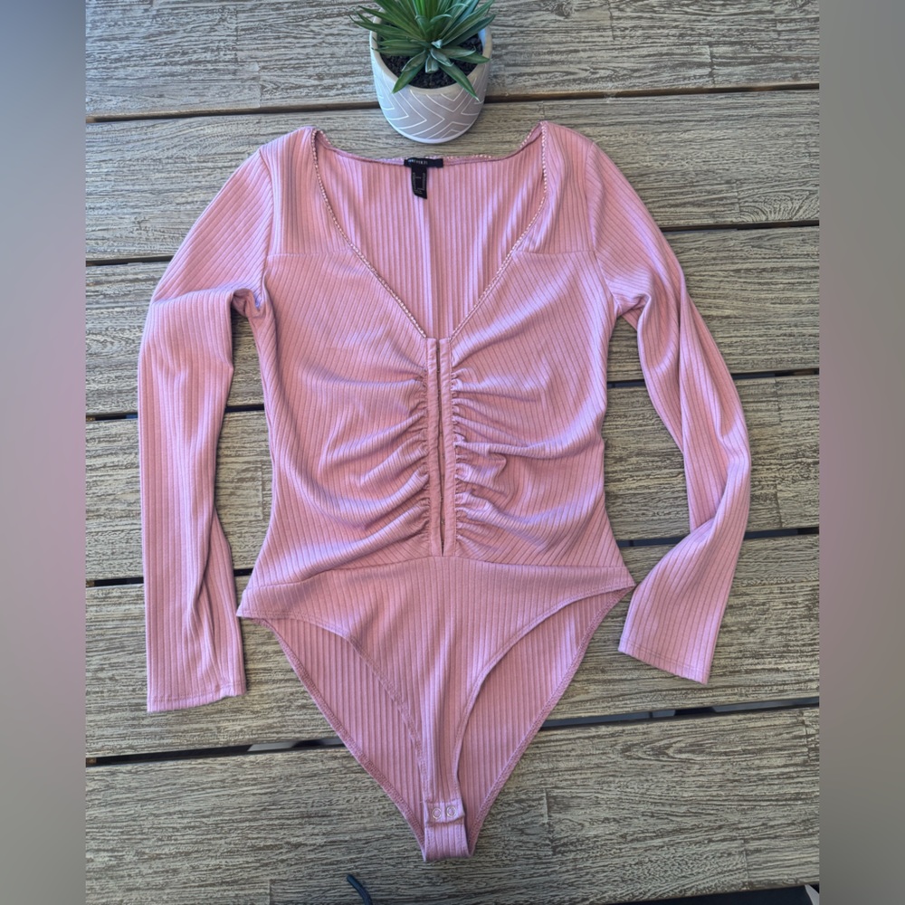 Women's Corset Style Long Sleeve Pink Ribbed One-Piece Bodysuit, Size XL